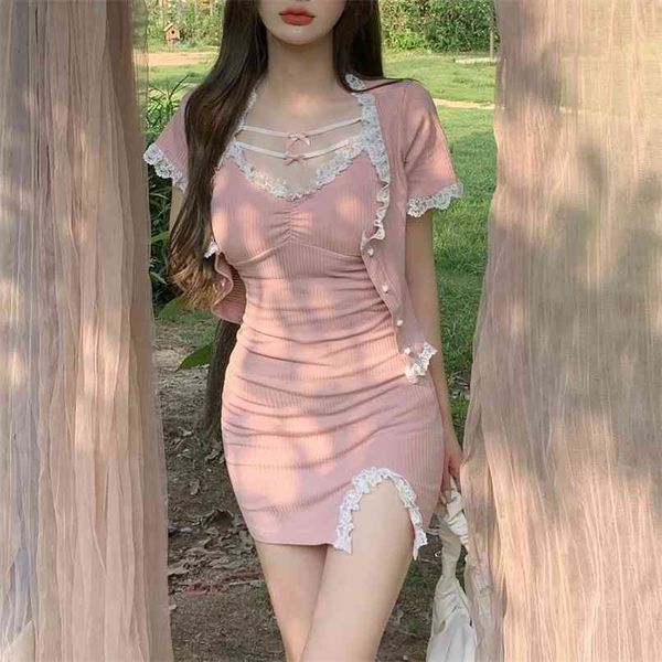 

lace bow sling dress women's summer short pink tight bag hip with cardigans 2 pieces 210529, Black;gray