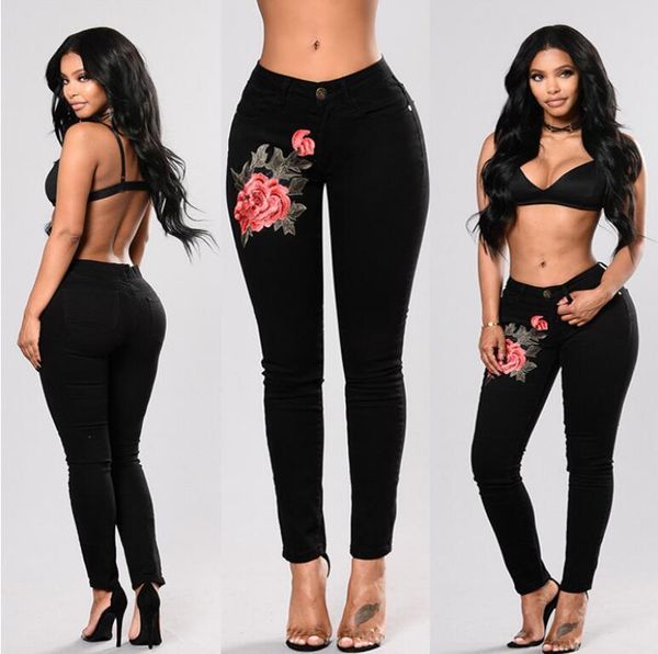 

women's jeans stretch embroidered for women elastic flower female slim denim pants hole ripped rose pattern pantalon femme, Blue