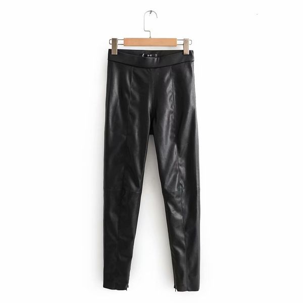 

new women autumn black faux elastic high waist jegging pencil pants ladies skinny pu fake leather trousers zippers 200930, Black;white