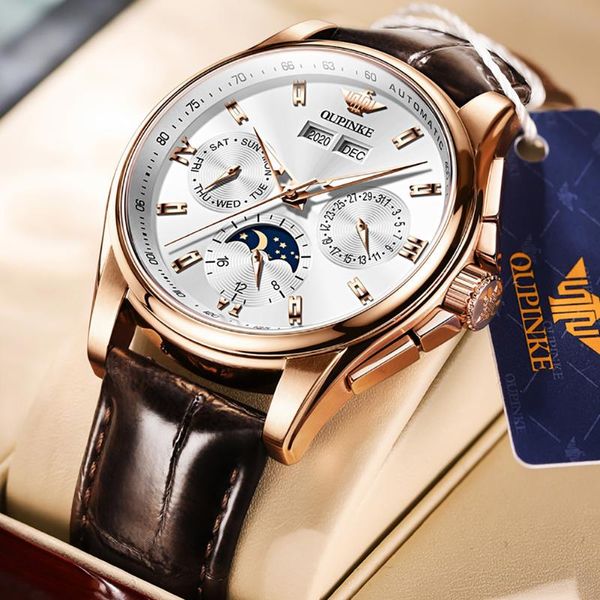 

wristwatches oupinke men hanical watch luxury automatic leather sapphire waterproof sports moon phase wristwatch montre homme, Slivery;brown