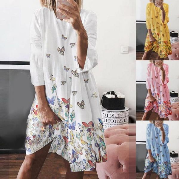

casual dresses butterflies print woman dress 3/4 sleeve o-neck knee-length for women loose a line beach robe femme vestidos, Black;gray