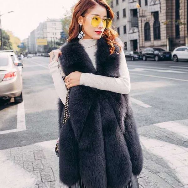 

women's vests all the skin of fox lear vest in long thin winter great fall ladies coat lwht, Black;white