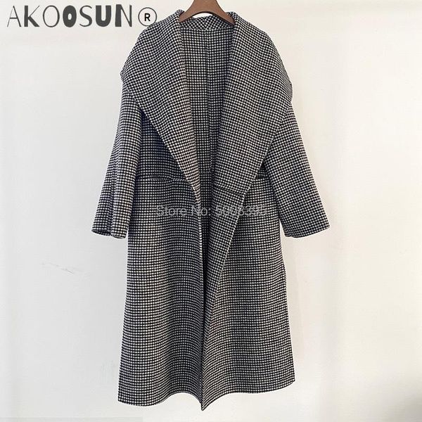 

women's wool & blends woman dark grey houndstooth checked signature double cashmere trench coat lapel collar drop shoulder oversized ou, Black