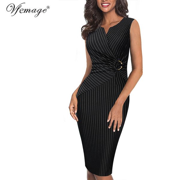 

2021vfemage women spring summer elegant ruched embellished waist work office business cocktail party bodycon pencil sheath dress 007, Black;gray