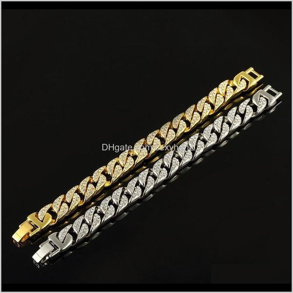 Ссылка, Drop Delivery 2021 Модная кубинская кубинская полная страза Дизайн Double Safety Clasps Rock Hip Hop Jewelry Bracelets для мужчин Gold QK7Z6