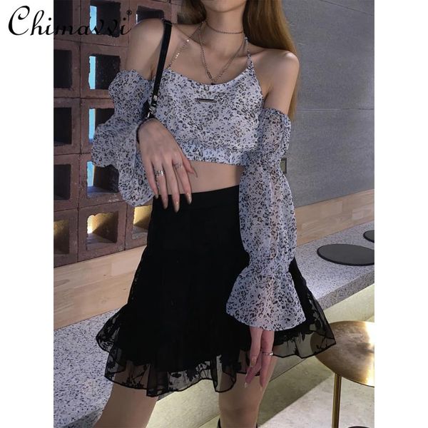 

women's blouses & shirts fashion flare sleeve leopard for women print off shoulder chiffon shirt female short summer halter top, White