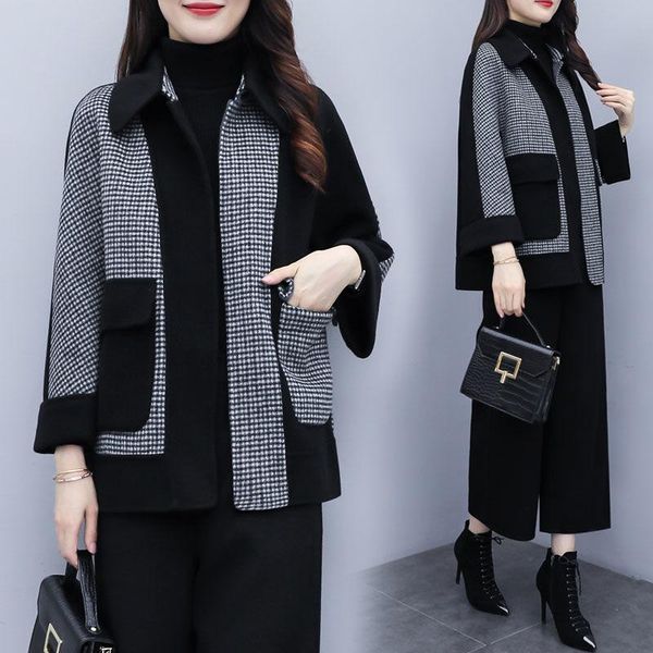 

women's wool & blends ladies suit autumn and winter woolen two-piece large size plaid coat wide leg pants fashion, Black