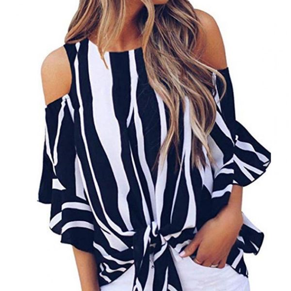 

women's blouses & shirts women chiffon off shoulder ruffles half sleeve round neck bowknot striped shirt for daily wear black xxxl, White