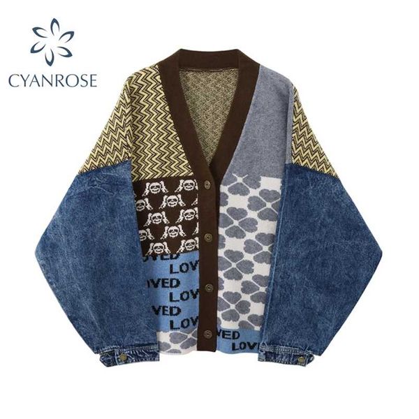 Maglione cardigan lavorato a maglia vintage Donna Patchwork Cappotto di jeans Scollo a V Manica lunga Maglieria Casual Capispalla allentato Top femminili 211007