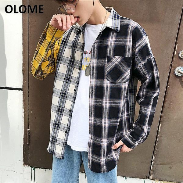 

men's casual shirts hong kong style loose plaid shirt 2021 autumn hit color personality cardigan lapel long sleeve clothing coat, White;black