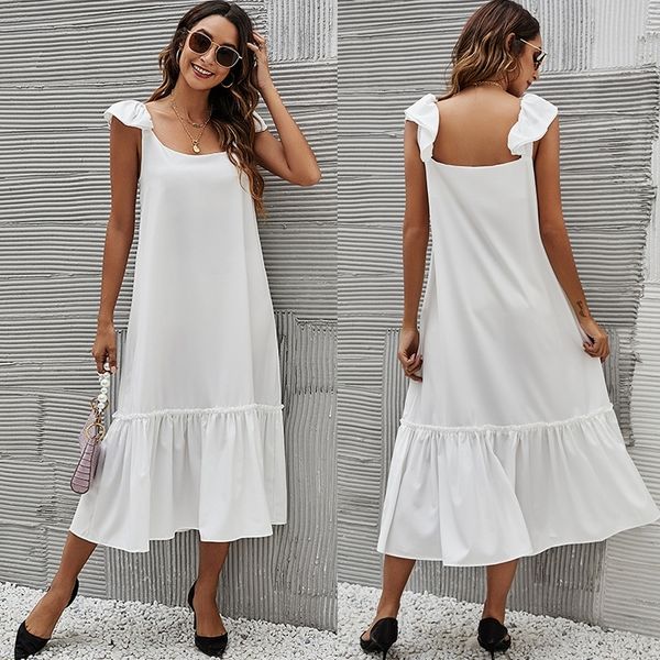 

2021 summer dress ruffle skirt casual loose solid pleated large 5xl beach skirt, Black;red