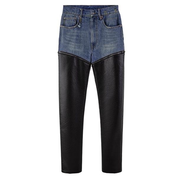 

zipper contrast leather casual jeans two way to wear blue high waisted for women straight leg denim pants women's