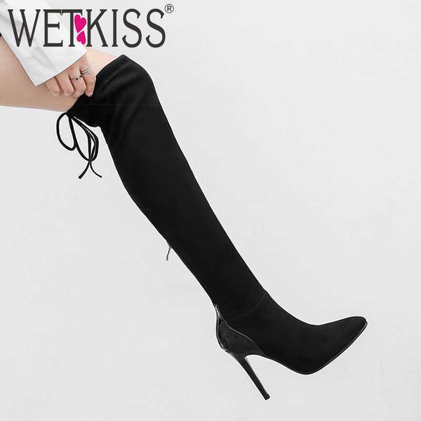 

wetkiss over the knee stretch boots women stiletto heels boot female pointed toe shoes ladies fashion party shoes winter 210630, Black