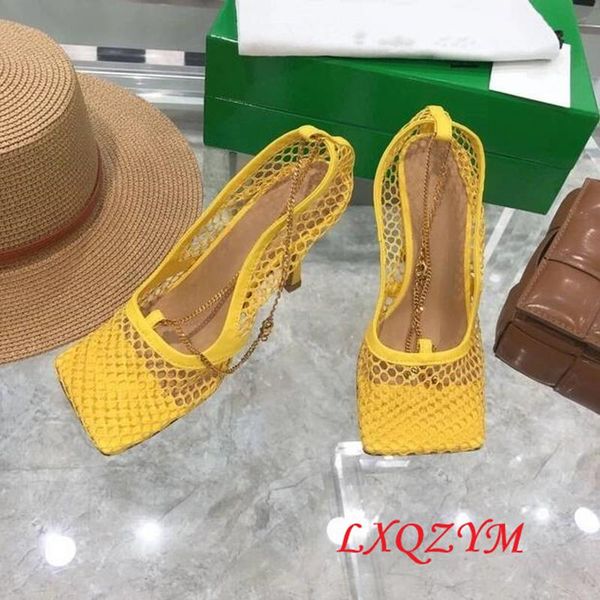 

sandals mesh high heels women gold chain fashion runway stiletto party shoe ladies net hollow out brand pumps mujer, Black