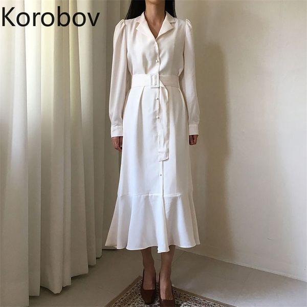 

korobov new fashion ol white dress korean single breasted sashes slim high waist dresses long trumpet vestidos femme 210430, Black;gray