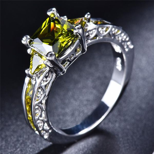 

wedding rings vintage female rainbow crystal stone ring trendy silver color thin engagement for women luxury square zircon, Slivery;golden