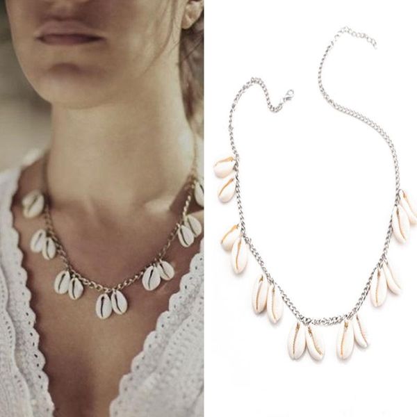 

chains behemian shell choker necklace women beach boho sea pendant chain jewelry #85383, Silver