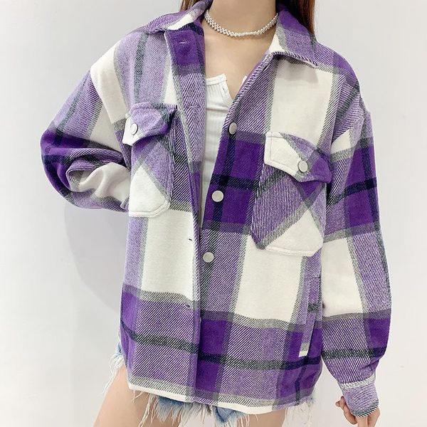 

women's jackets korea 2021 autumn loose purple plaid woolen jacket casual french coat girl female fr8o, Black;brown