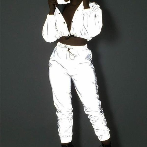 

Two Piece Dress Sexy Women Tracksuit Zip Reflective Light Jackets & Shorts Pieces Set Or Jumpsuit Clubwear Festival Clothes Plus Size P354, White