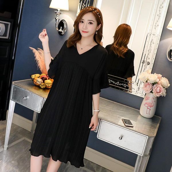 

maternity dresses elegant v neck pleated chiffon dress 2021 summer korean fashion loose clothes for pregnant women pregnancy clothing, White