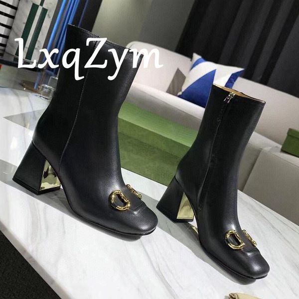 

boots square toe real leather metal decoration long elegant side zipper women size 34-42 brand designer, Black