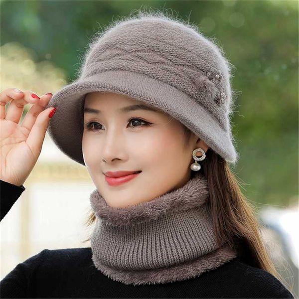 

women winter hat keep warm cap with brim add fur lined & scarf set s for flowers rabbit bucket 211119, Blue;gray
