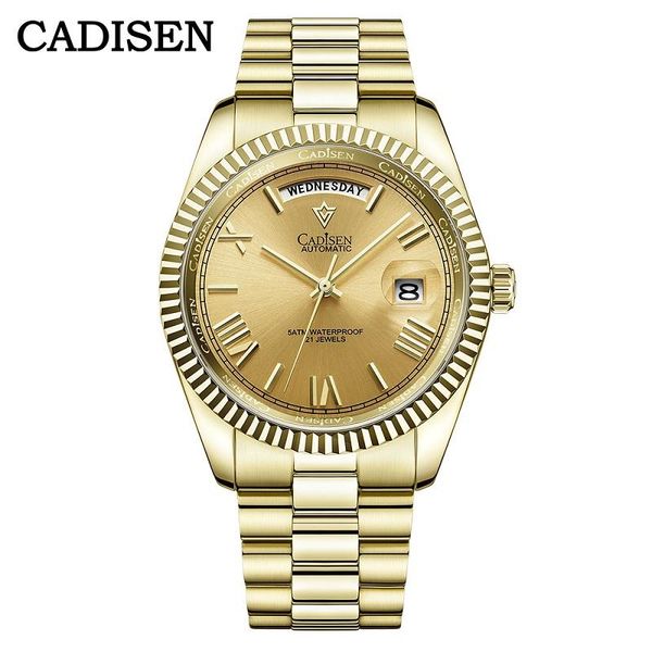 

wristwatches cadisen original gold watch men automatic mechanical brand clock business 50m calendar miyota 8285 movement male wristwatch, Slivery;brown