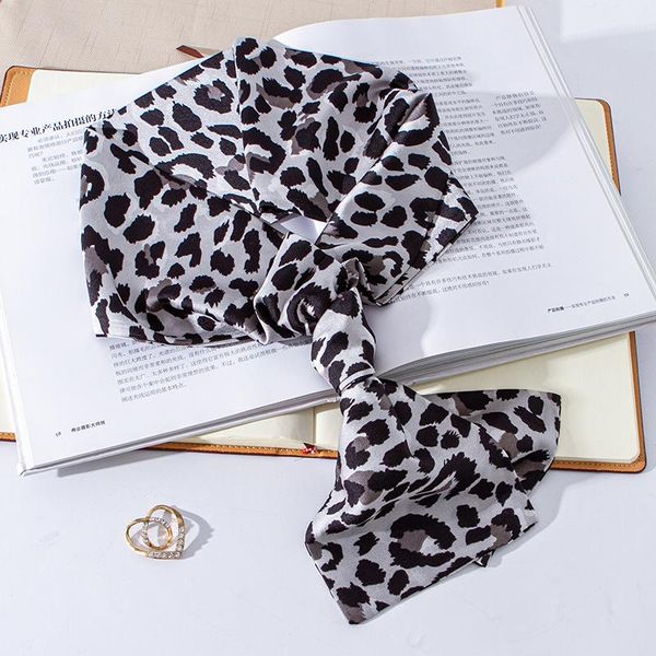 

scarves leopard print small silk scarf long female wild spring and autumn professional double-layer streamer bib, Blue;gray