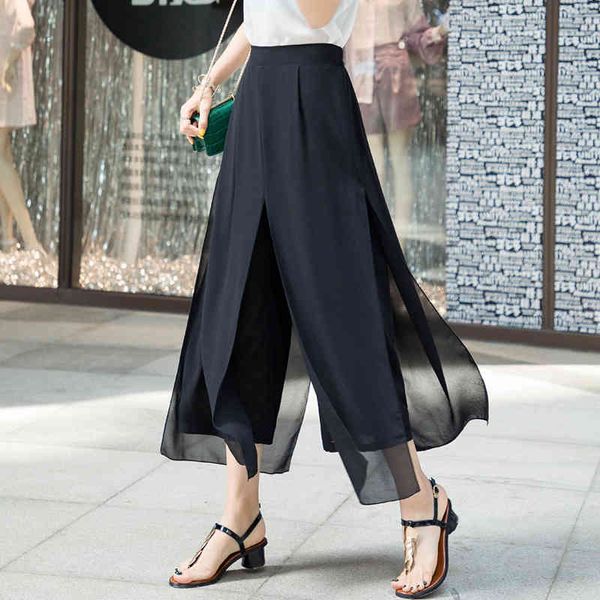 

women's summer wide leg long trousers casual vintage high waist chiffon side split loose bohemia skirt pants capris solid 870a 210420, Black;white