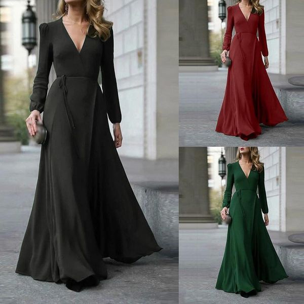 

casual dresses women formal maxi dress v neck belted long sleeve solid color split hem bandage office ladies evening party prom gown, Black;gray