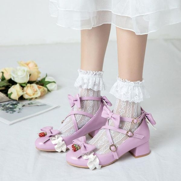 

dress shoes womens lolita round toe bowknot lace kawaii cosplay sandals block high heel plus size 34-48 mary janes sweet 5colors, Black