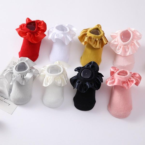 

socks cotton baby girl breathable lace ruffle princess knit children anti-slip ankle short indoor floor 0-2y, Pink;yellow