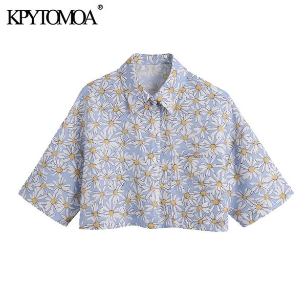 

women fashion daisy print loose cropped blouses short sleeve patch pockets female shirts blusas chic 210420, White