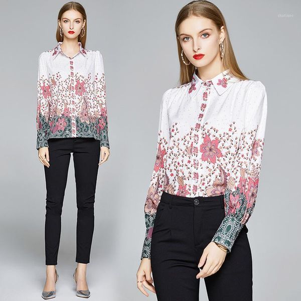 

women's blouses & shirts spring summer fall runway vintage print collar lantern sleeve turn-down neck women ladies party ol casual blou, White