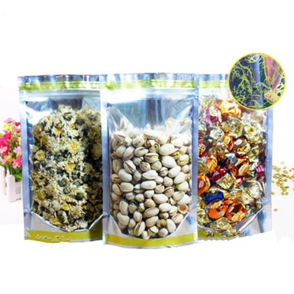 

storage bags 100pcs/lot clear aluminum mylar foil stand up bag with gold flower printed resealable tear notch doypack food pouches
