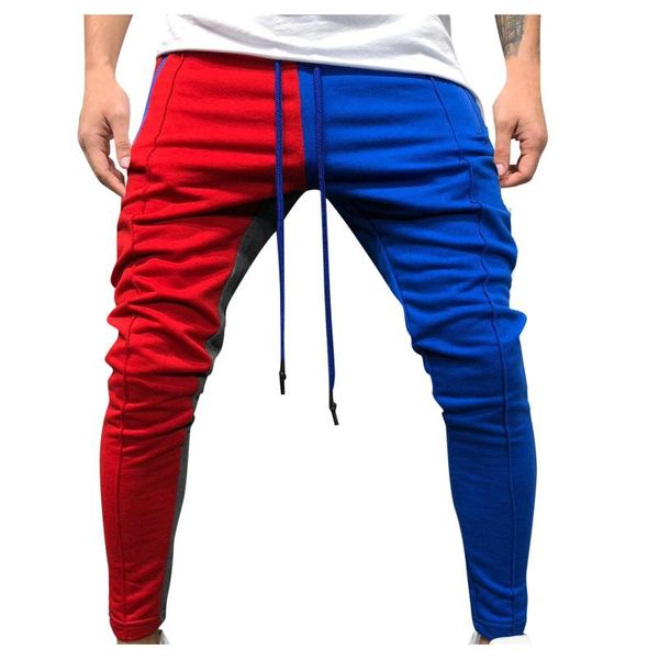 

men's pants men fashion casual side pockets color block multi sports long cargo work trousers pant, Black