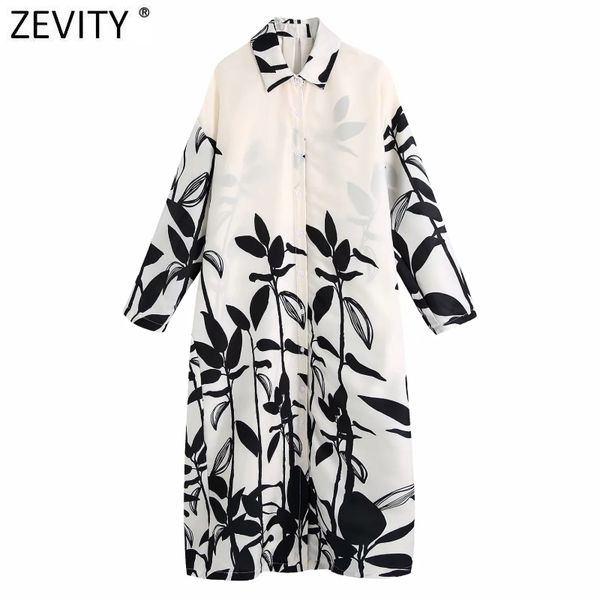 

zevity women vintage position leaves print casual loose shirt dress female chic long sleeve vestido button kimono dresses ds8281 210419, Black;gray