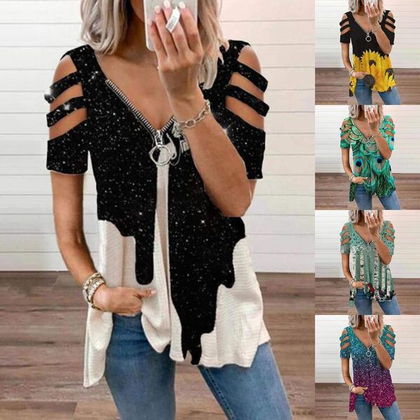 

women's t-shirt womens zipper color hollow out v-neck collar short sleeve fold tshirt plus size women clothing camisetas de mujer, White