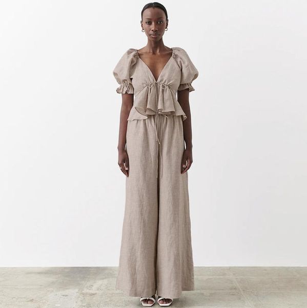 

women's two piece pants cotton linen leaking back v-neck puff sleeve short-sleeved shirt wide leg were thin trousers suit, White