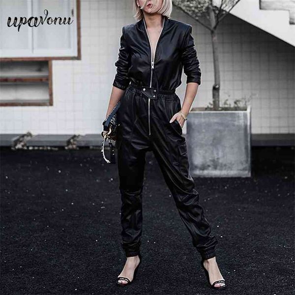 Grátis Moda Preto Pu Faux Couro Jumpsuit Mulheres Standwear Stand Collar Manga Longa Zipper 210524