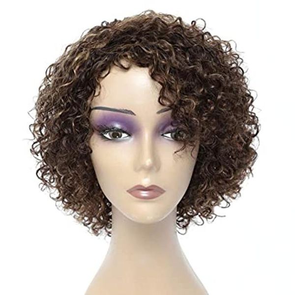 

curly human hair wig for black women with brown blonde hair elf bob african american hairstyle, Black;brown