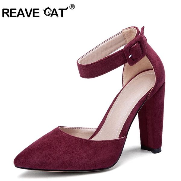 

dress shoes reave cat summer women flock high heels zapatos mujer ankle strap pointed toe sandals ladies outdoor party large size 45, Black