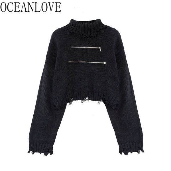 

streetwear zipper woman sweaters solid black vintage 210415, White;black