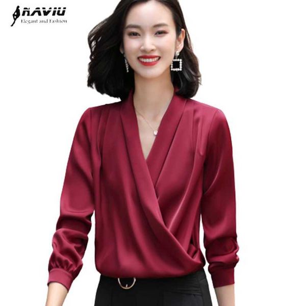 Vinho Vermelho Camisa de Seda Mulheres V Neck Design Chiffon Manga Longa Moda Cetim Blusas Escritório Senhoras Temperamento Loose Work Tops 210604