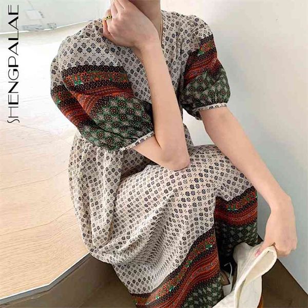 

contrast color printed derss women's summer v-neck loose puff short sleeve mid-calf dresses female tide 5e38 210427, Black;gray