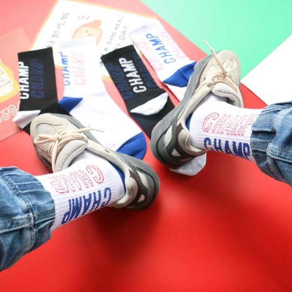 

men's socks middle calf short crew street fashion cotton daily youth teen school streetwear champ black red blue hollow words