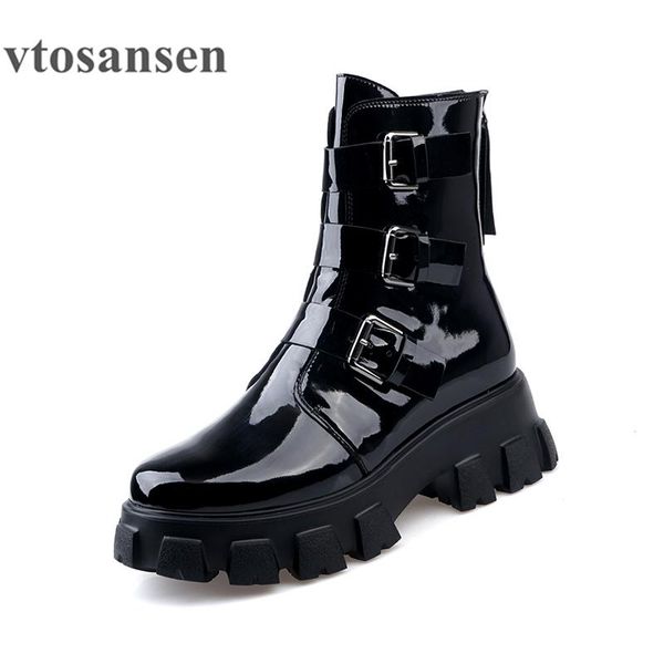 

boots shoes thick bottom gothic women platform spring autumn buckle patent leather ladies ankle high quality, Black