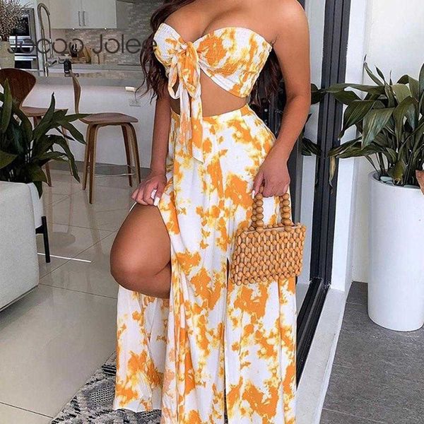 

jocoo jolee women summer off-shoulder polkadot print tube and chiffon split printing tie dye long skirt two piece sets 210619, White