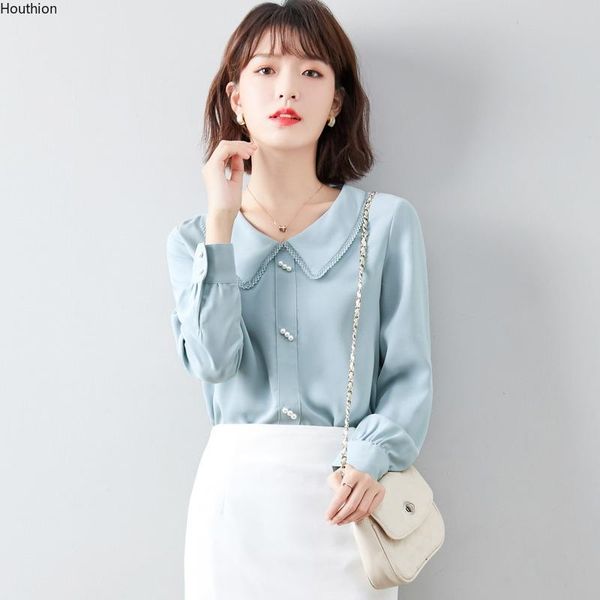 

women's blouses & shirts houthion long sleeve women blouse pearl button lapel chiffon korean fashion lady blusas casual shirt, White