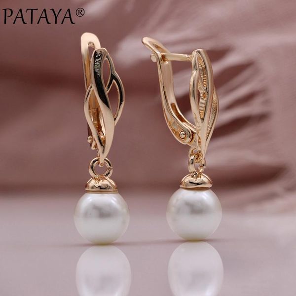 

dangle & chandelier pataya women long hollow drop earrings fine white shell pearl 585 rose gold metal wedding vintage fashion jewelry, Silver